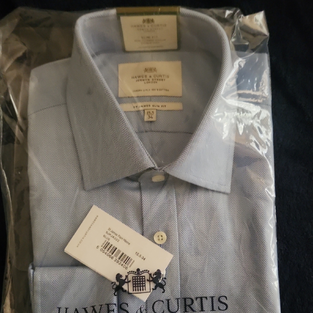Hawes & Curtis Blue Herringbone Men's Formal Dress Shirt 15.5 - 34
